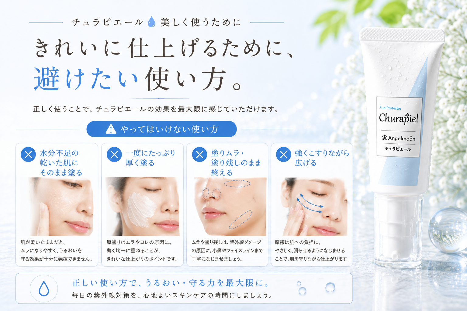 乾燥した肌へ塗る・一度に大量につける・強くこするなどチュラピエールで避けたい使い方