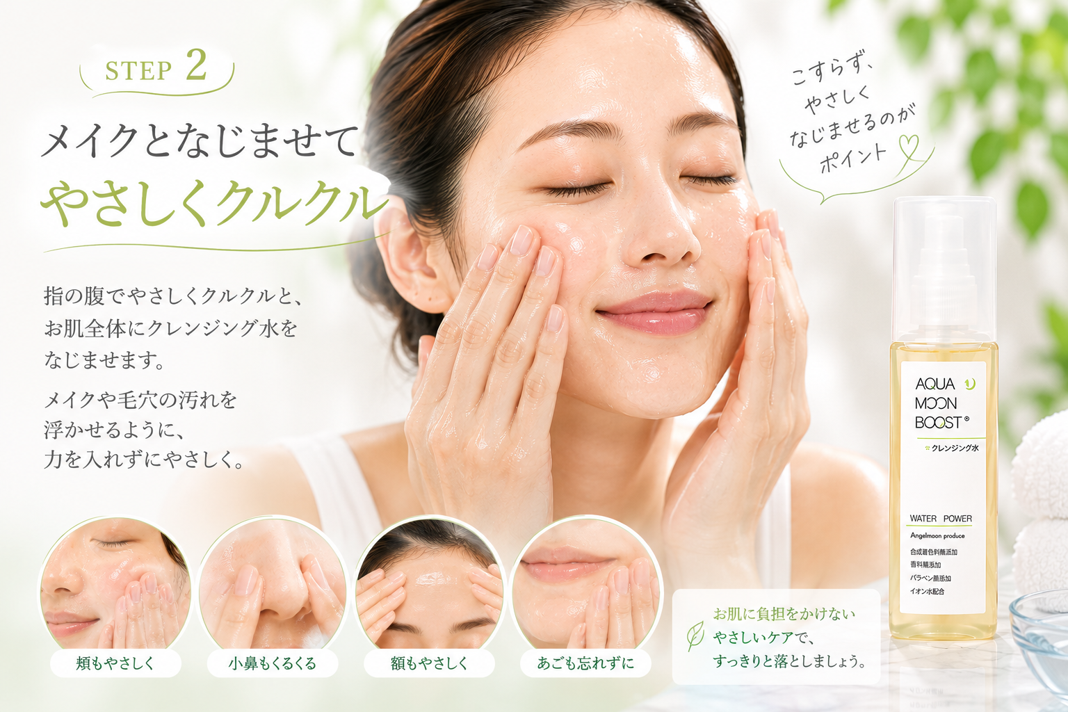 クレンジング水を顔全体へやさしくなじませる方法