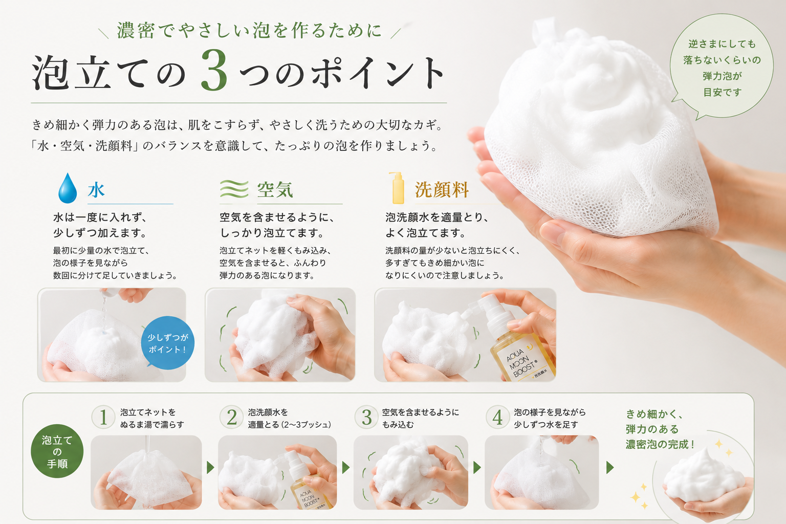 泡洗顔水を泡立てる水・空気・泡洗顔水の3つのポイント