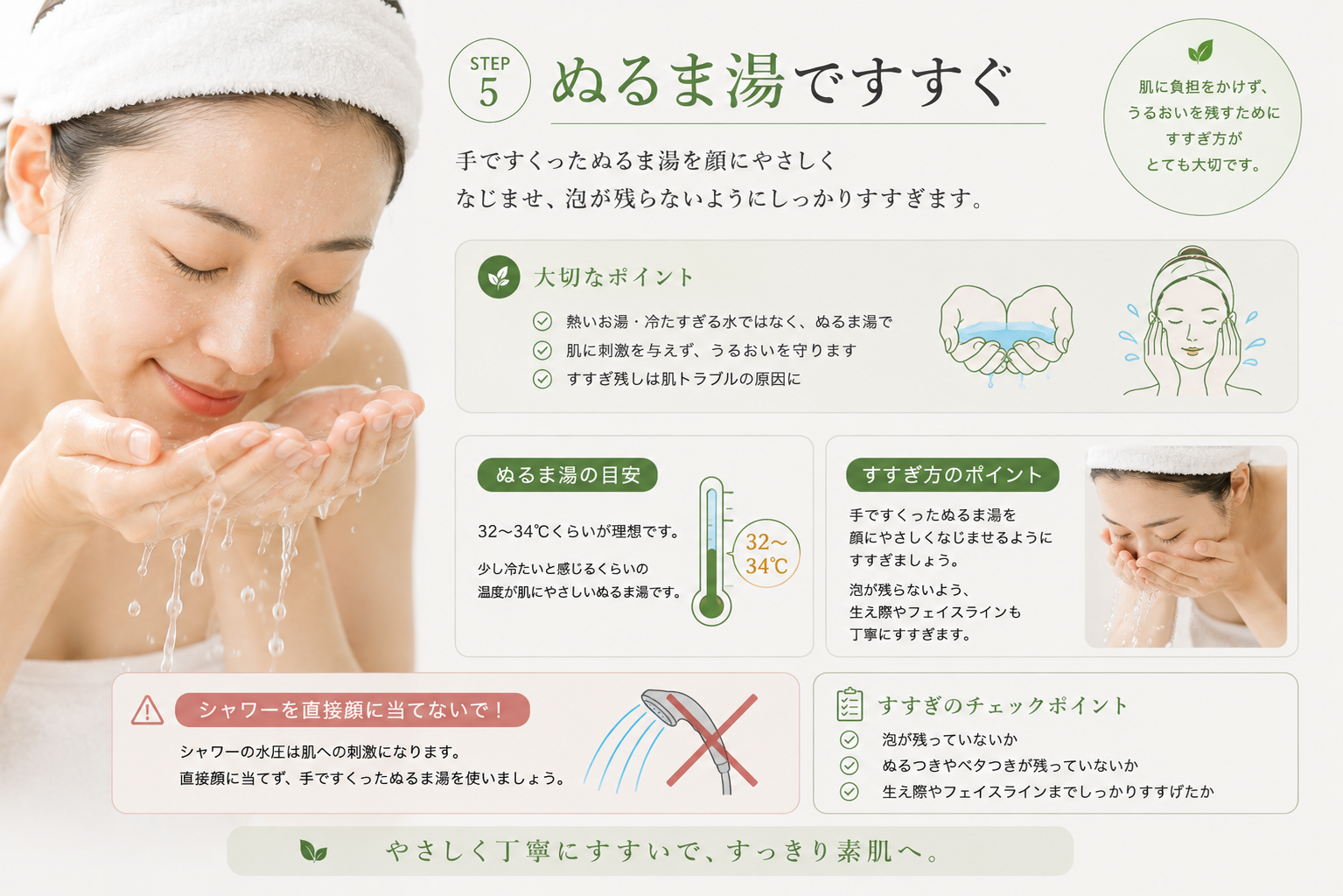 32度から34度程度のぬるま湯を手ですくいシャワーを直接顔へ当てずにすすぐ方法
