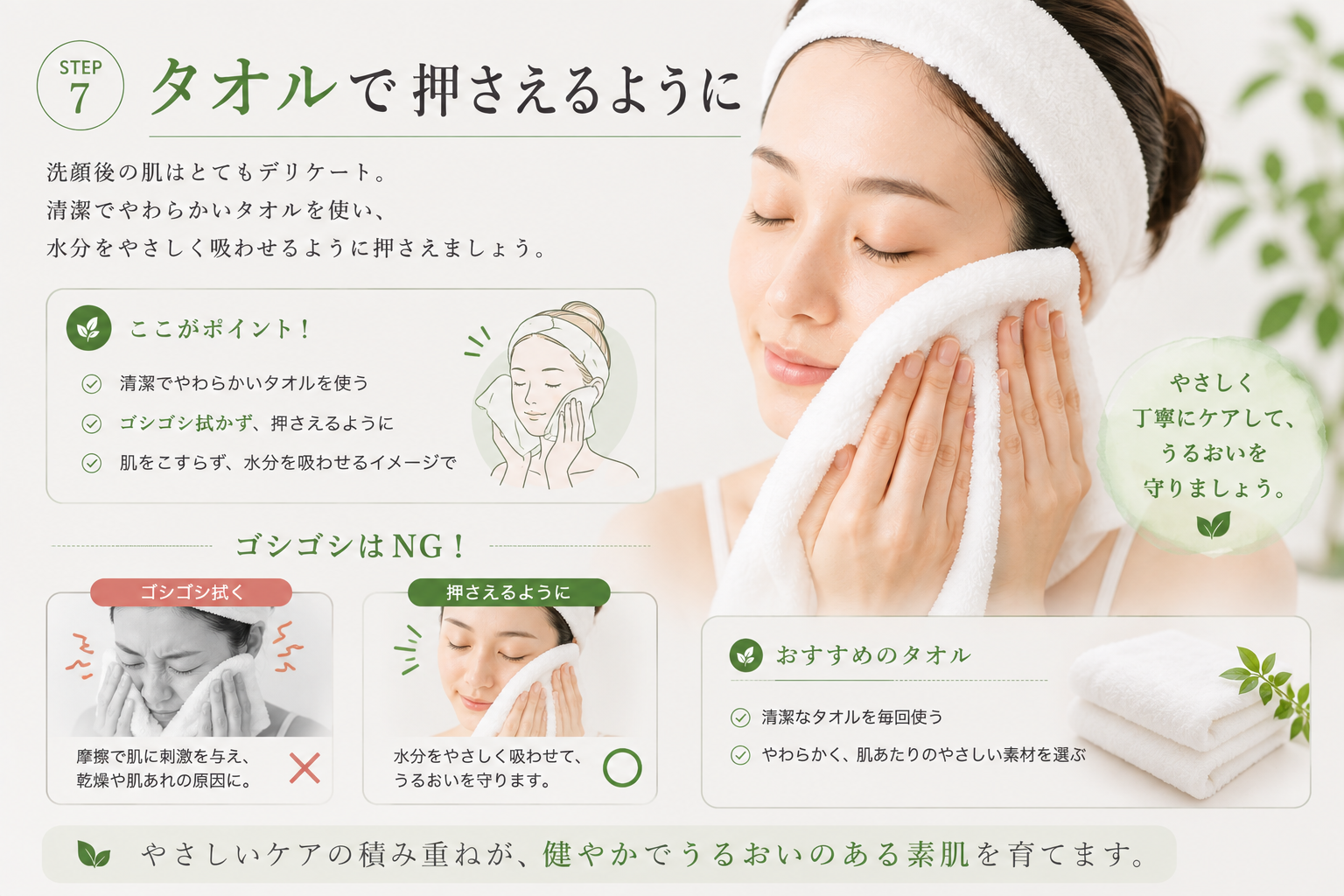 泡洗顔後に清潔なタオルをやさしく押し当てて水分を取る方法