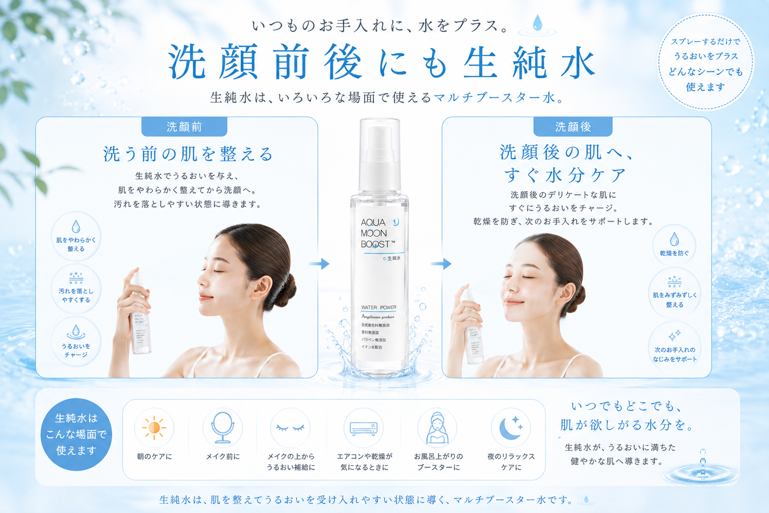 洗顔前と洗顔後に生純水を使う水分ケア